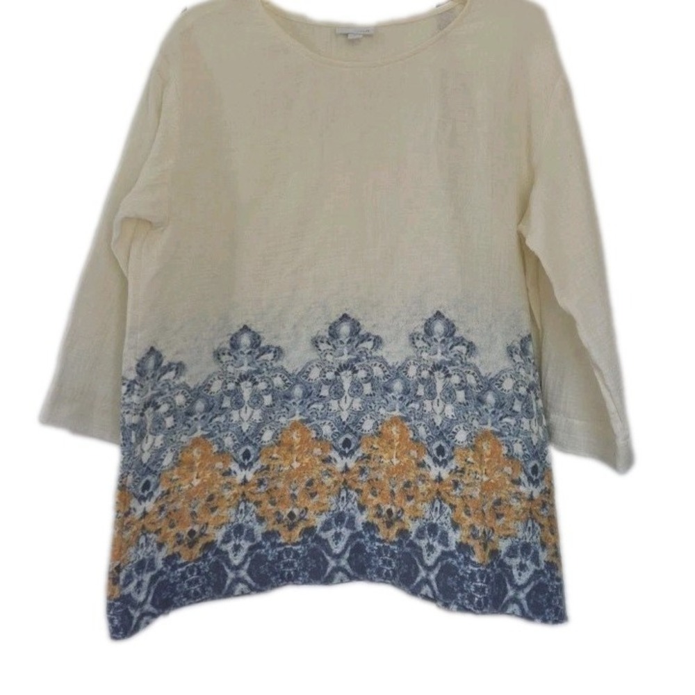 J.Jill PureJill Textured Border Print Tunic Top Blouse Size M Ivory Blue Relaxed